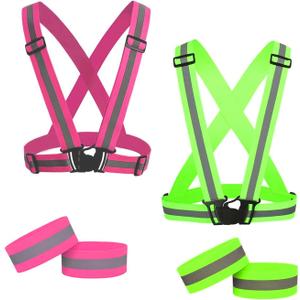 2 Pack Large Size Adjustable Running Reflective Vests, High Visibility Safety Reflective Gears and 2 Pack Reflective Gear Wristbands for Night Running, Biking,Hiking,Jogging and Dog Walking