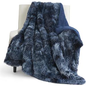 Bedsure Faux Fur Fluffy Sherpa Blanket Couch Throw Tie Dye Navy