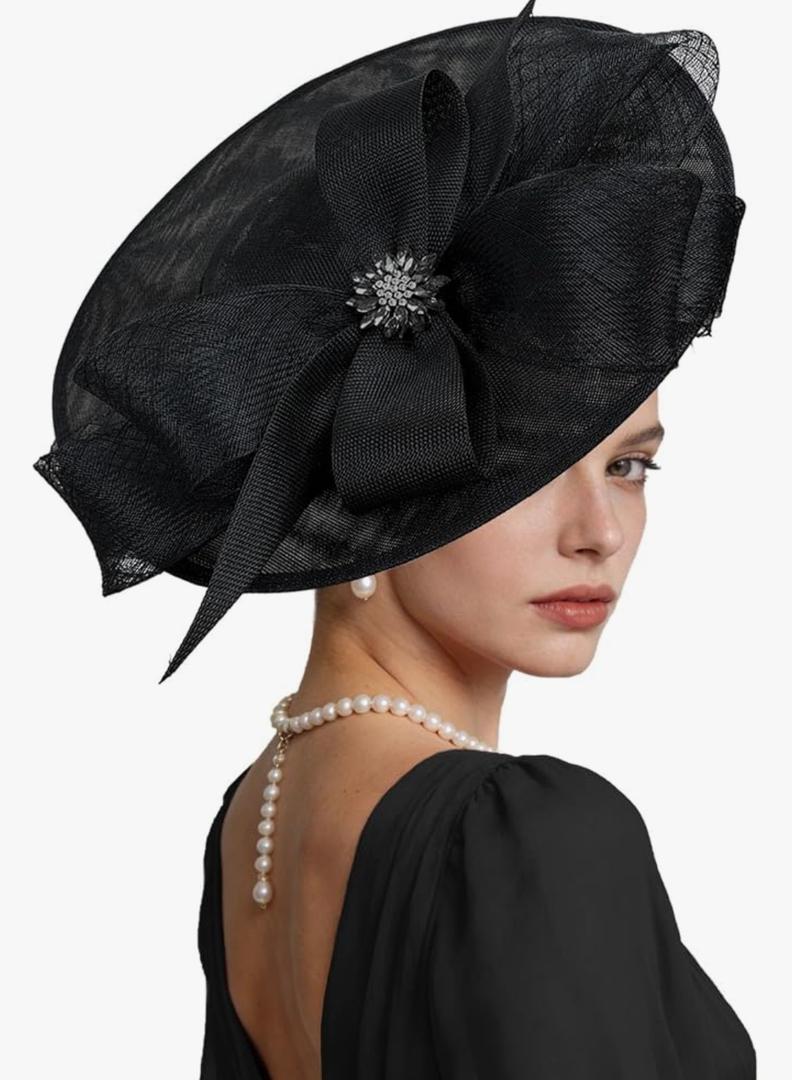 Kgromfy Women's Wide Brim Fascinator Hat Tea Party Headband Large Vintage Church Hat Lady Headwear for Derby Wedding Cocktail