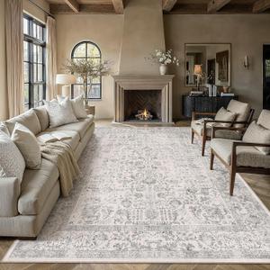 PureCozy Gray Area Rug 8x10 Machine Washable Large Vintage Living Room Distressed Non Slip Carpet Traditional Indoor Bedroom Grey Retro Floral Accent Throw Rug for Office Kitchen Dining Room