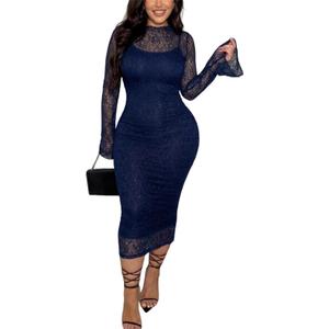 Women's Elegant Bodycon Midi Dress Lace Party Cocktail Wedding Guest Dress, Blue, Medium