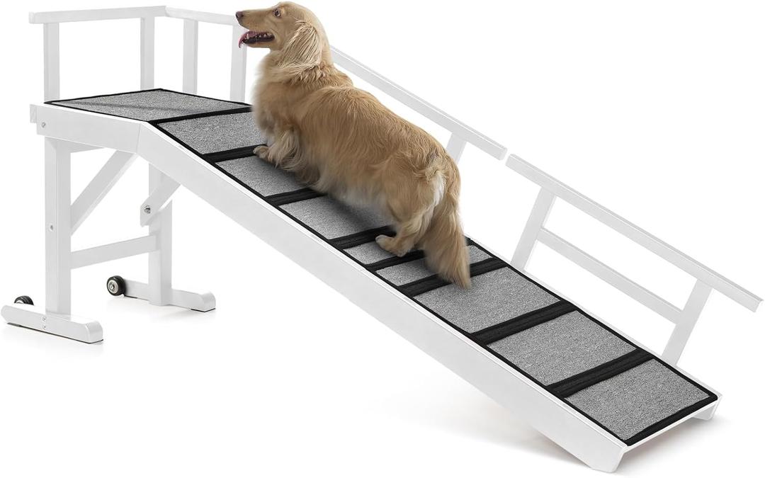 Dog Ramp for Bed or Couch, Wooden Pet Ramp with 20 Gentle Slope, Removable Side Rails, Non-Slip Surface, Top Platform & Wheels, Safe Bed Ramp for Small, Medium & Senior Dogs, 60" Long, White