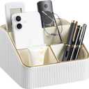 Remote Control Holder with 4 Compartments, PU Leather Small Nightstand Organizer for Home Desk Accessories Office Supplies, Multifunctional Stylish Small Bedside Desktop Organizers (White)