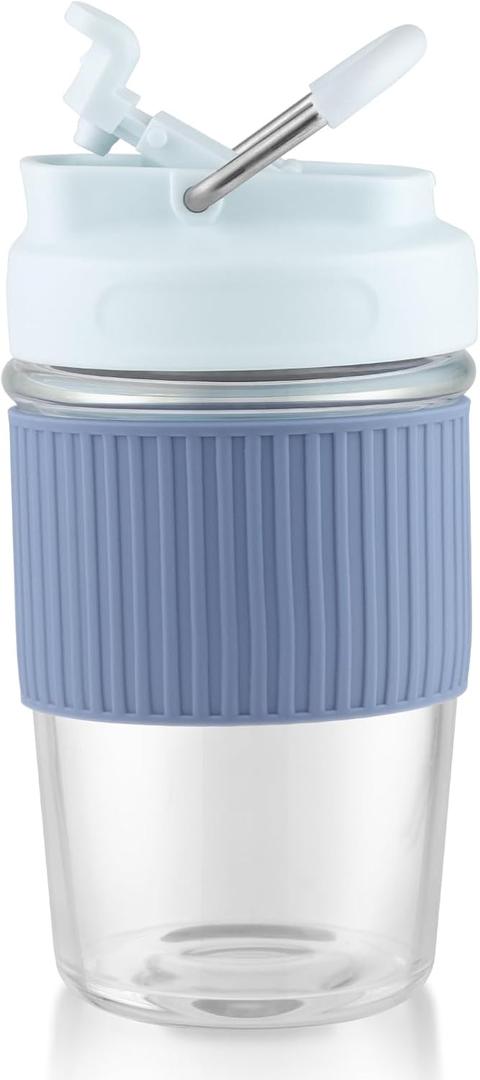 Sivaphe Reusable Glass Ice Hot Coffee Cup 16 oz, Portable Travel Mug with Spill-Proof Lid and Thermal Sleeve for Home Office Black (Blue)