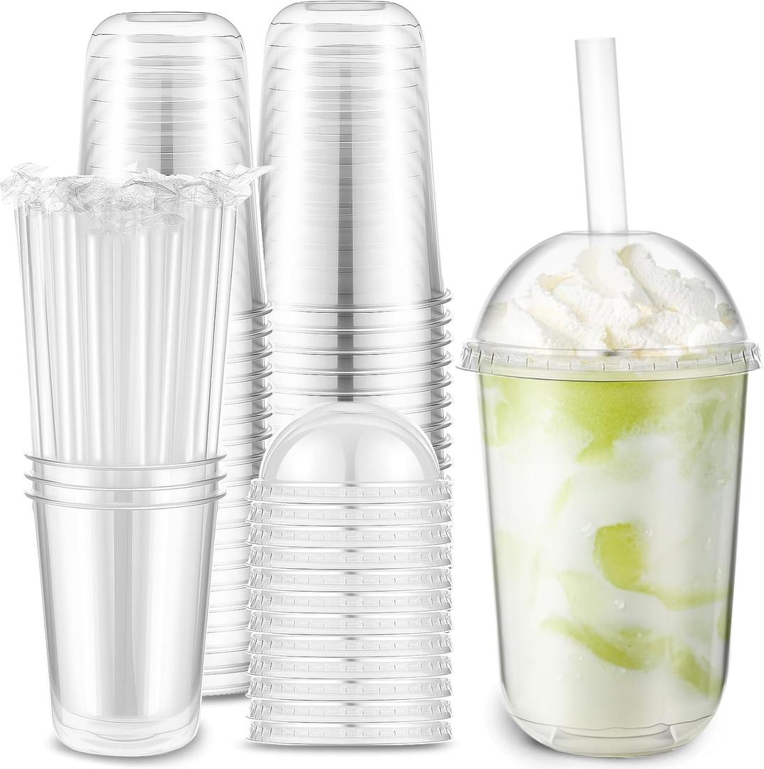 Ziliny 50 Set Clear Plastic Cups with Dome Lids and Straws Sturdy & Food Safe Disposable U Shaped Cups for Cold Drinks Smoothie Milkshake Bubble Tea Juice Cocktail Iced Coffee Party (16 oz)