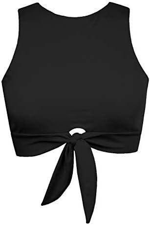 Women's Cut Out Tie Knot Front Scoop High Neck Tank Crop Top Bikini Swimsuit Top Only XL (Black)
