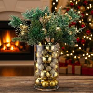 Giegxin 54 Pcs Gold Christmas Centerpiece for Table DIY Farmhouse Xmas Decor for Dinning Table 6 Artificial Pine Branches 47 Gold Vase Filler Balls 1 Glass Vase for Kitchen Tabletop Decor