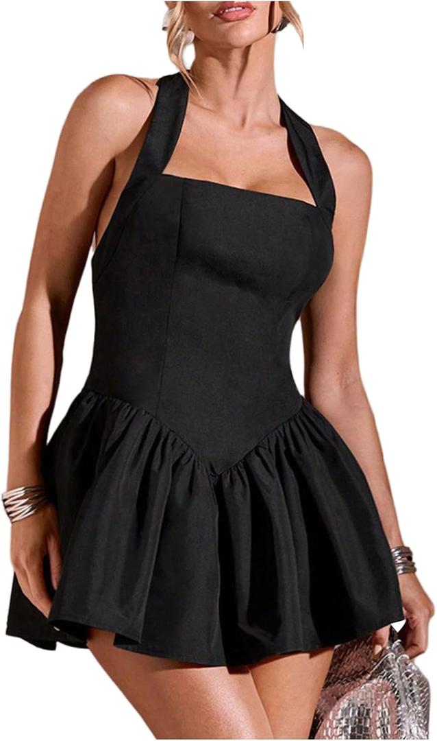 SOLY HUX Women's Mini Dress Halter Sleeveless Backless A Line Ruffle Hem Summer Dresses, Small