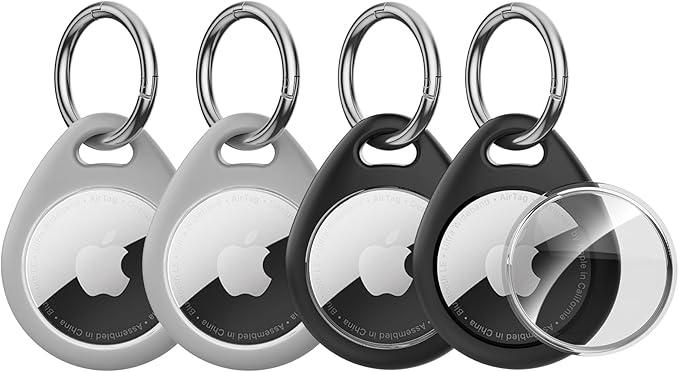 AirTag Holder with Keychain 4 Pack, Anti-Scratch Waterproof TPU Protective Case+All-Metal Key Ring Clip, Durable AirTag Accessories for GPS Tracker (Fits Pet Collar, Luggage, Backpack)