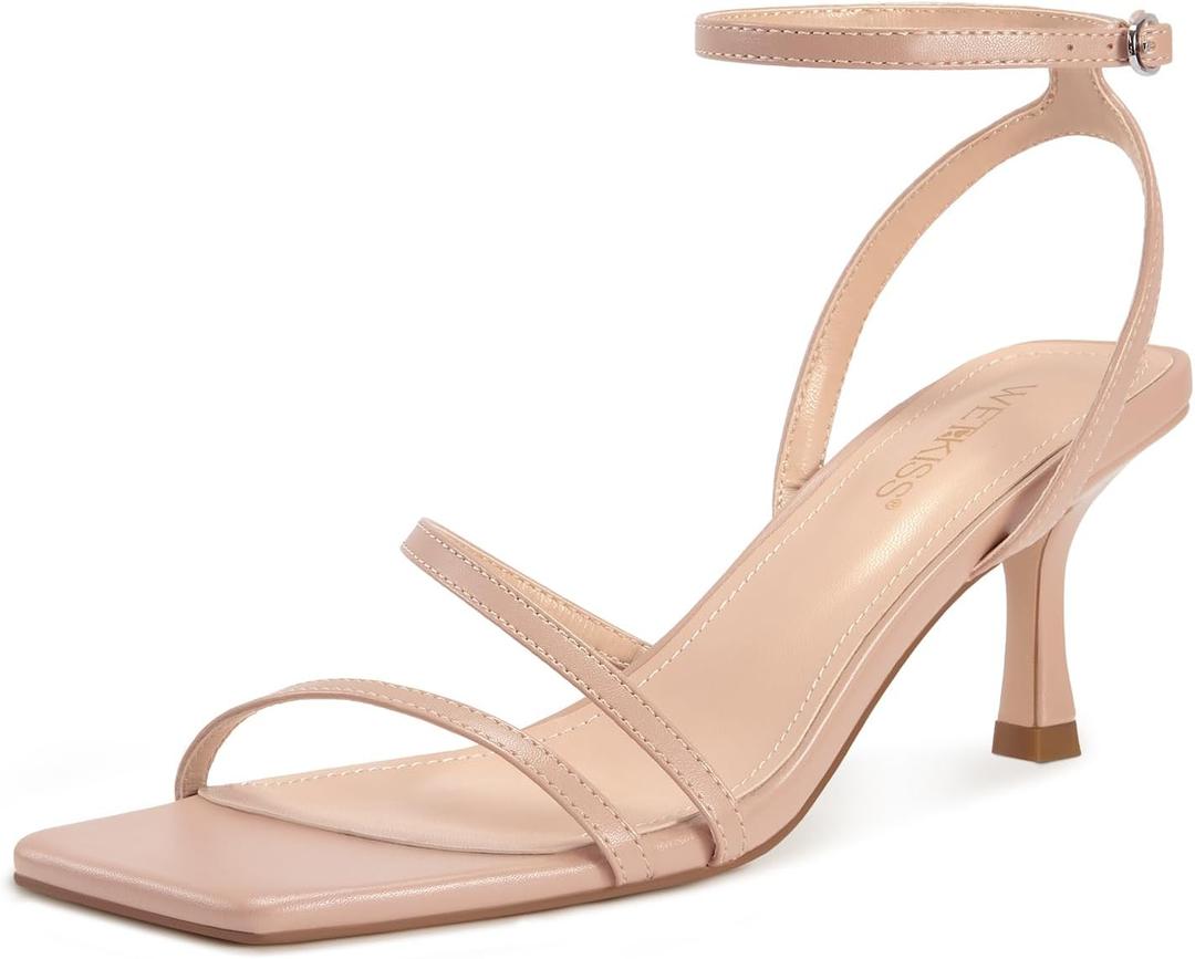 wetkiss Nude Heels for Women Kitten Heels Woman Sandals Low Heeled Sandal Cute Strappy Square Toe, Nude, Size 9.5