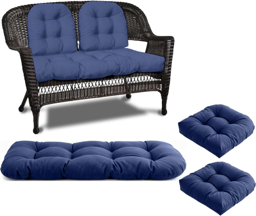 Wicker Chair Cushions 3 Piece Set, Waterproof Outdoor Cushions for Patio Furniture, Loveseat and U-Shaped Wicker Furniture Cushions, Blue