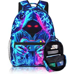 Blue Lightning Gamers Backpack For School Boys Girls Game Player Lightweight Waterproof Bags Backpack For School Travel Hiking Gamers Backpacks For Boys Age 6-88-108-1210-12 Years Old (One Size)