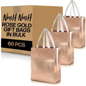 Nush Nush Set of 60 Shiny Rose Gold Gift Bags in Bulk, Reusable With White Handles, Medium Size, Perfect As Goodie/Birthday Gift Bags, Party Favor Bags, 8Wx4Dx10H Size