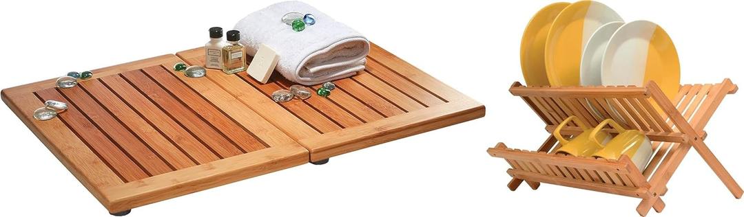 Bamboo Bath Mat and Dish Drying Rack Bundle