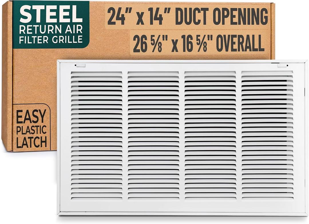 Fits 24x14 Duct Opening | Steel Return Air Filter Grille by Handua [Removable Door] for 1-inch Filters | Vent Cover Grill | White | Easy-to-Use Plastic Latches | Outer Dimensions: 26 5/8"W X 16 5/8"H