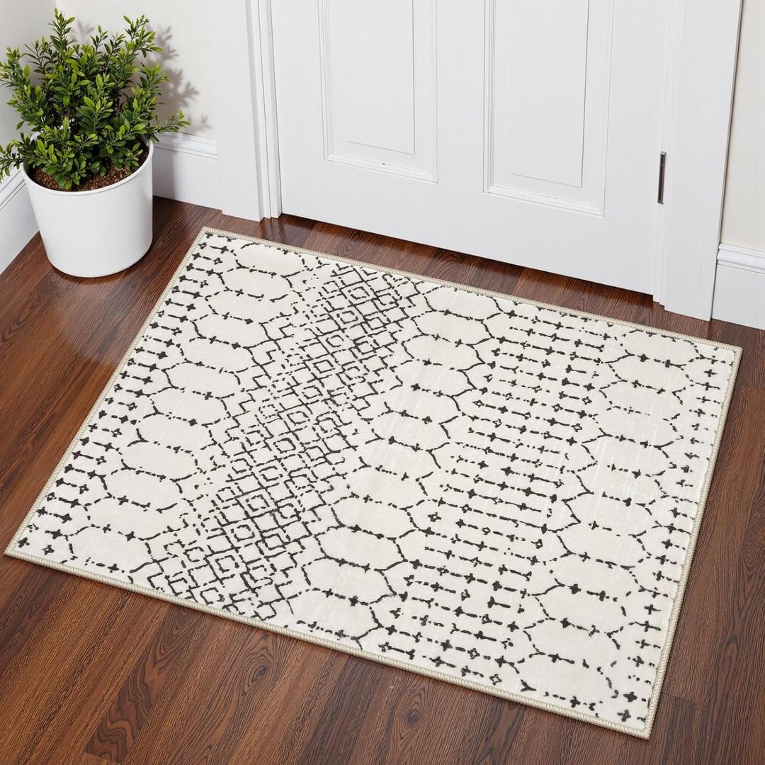 Lahome Moroccan Front Door Rugs Indoor 2x3 Non-Slip Washable Door Mats Indoor Rubber Backing Ultra-Thin Beige Small Kitchen Rug, Geometric Print Inside Door Mats for Home Entrance Bathroom Sink Hana