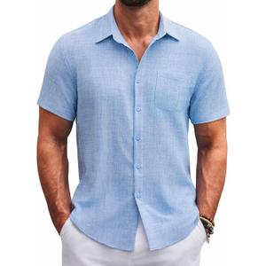 COOFANDY Mens Button Down Short Sleeve Shirts Casual Textured Shirt with Pocket Summer Beach Wedding Shirts (Clean Blue) Size: XL