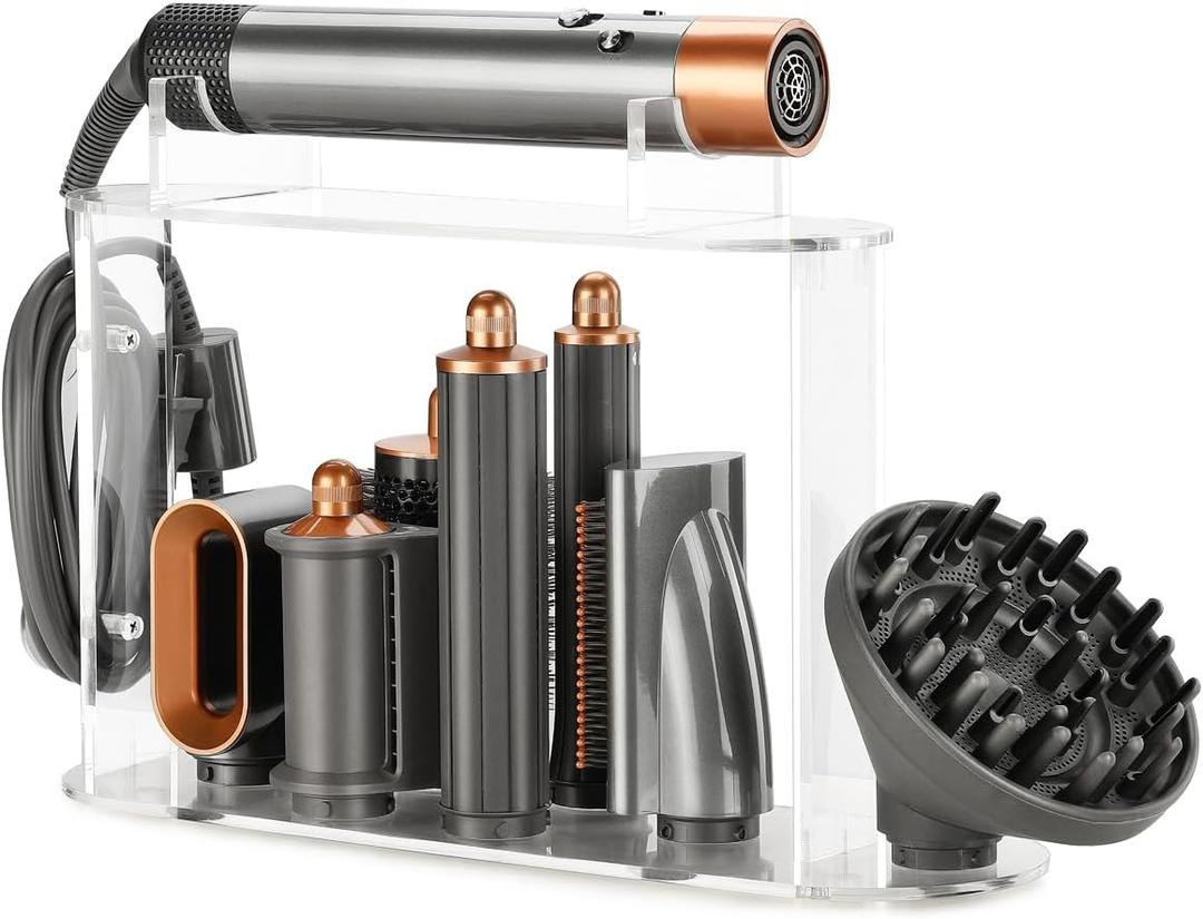 7-Hole Storage Holder for Dyson Airwrap  Upgraded Acrylic Stand Organizer for Long Barrels & Diffuser Nozzles, Countertop Holder for Airwrap Styler Accessories for Bathroom Vanity Makeup Table (Transparent)