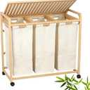 Bamboo Laundry Hamper 3 Section with Lid, 150L Laundry Sorter with Lockable Wheels, Pull-Out Removable Washable Bags, 3 12.5 Gal Divided Laundry Baskets for Laundry Room, Bathroom (Beige)