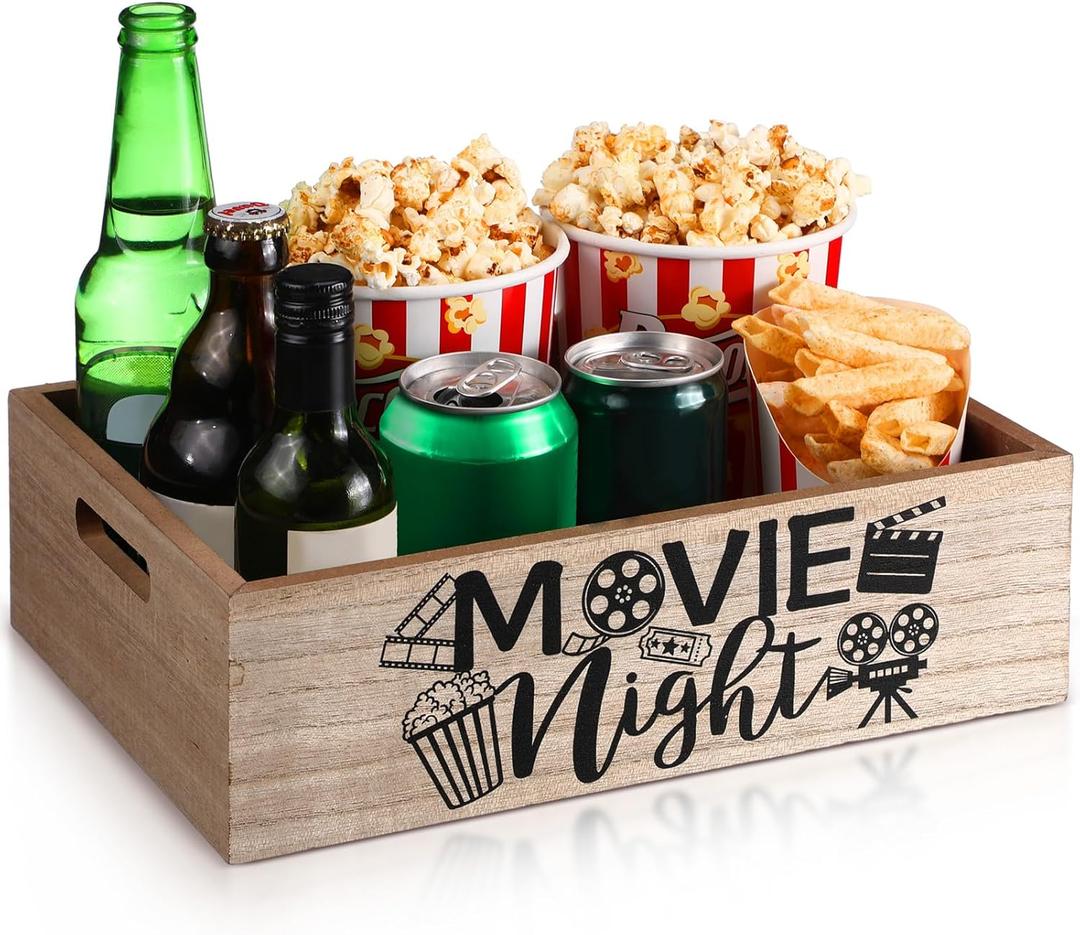 Movie Night Supplies Snack Trays with Handles Reusable Wooden Movie Gift Basket for Theater Popcorn Bowl Box Container Family Room Valentine's Day Decor (Rustic Wood)