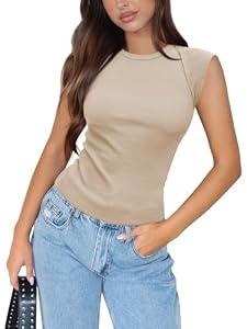 MIYIEONZ Women's Ribbed Tank Tops Trendy Casual Crew Neck Summer Club Cap Sleeve Slim Fitted Knit Apricot Medium Basic Tee Shirts Blouse M