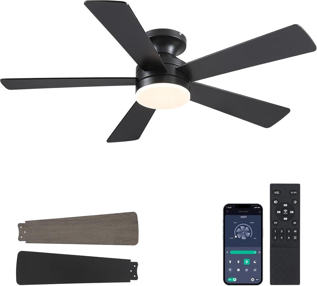 Flush Mount Ceiling Fans with Lights - 46" Black Low Profile Ceiling Fan Light with Remote/APP, 6 Speeds Mute Reversible Motor, Modern Ceiling Fans for Indoor and Outdoor, Bedroom, Patios (Black-46in)