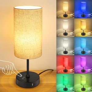 Unicozin Table Lamp, 3 CCT 3000K/4500K/6500K & RGB Color Changing, Stepless Dimmable Small Bedside Lamp for Reading, Ambience Nightstand Light for Home Decor Party, Beige Shade