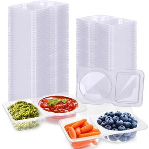 50pcs Double Compartment Condiment Container With Lids,Disposable 2 Compartment Sauce Containers Clear Plastic Snack Containers For Travel