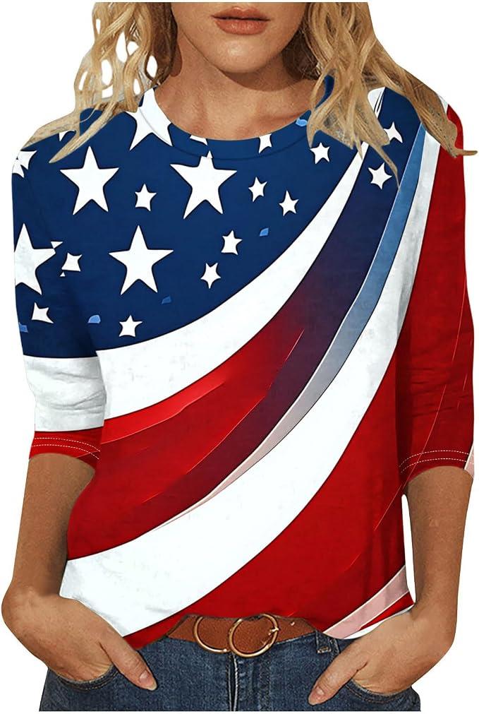 4th of July Womens Red White and Blue Shirts 3/4 Sleeve Patriotic Tops American Flag Graphic USA Tees Patriotic Tunic, XL
