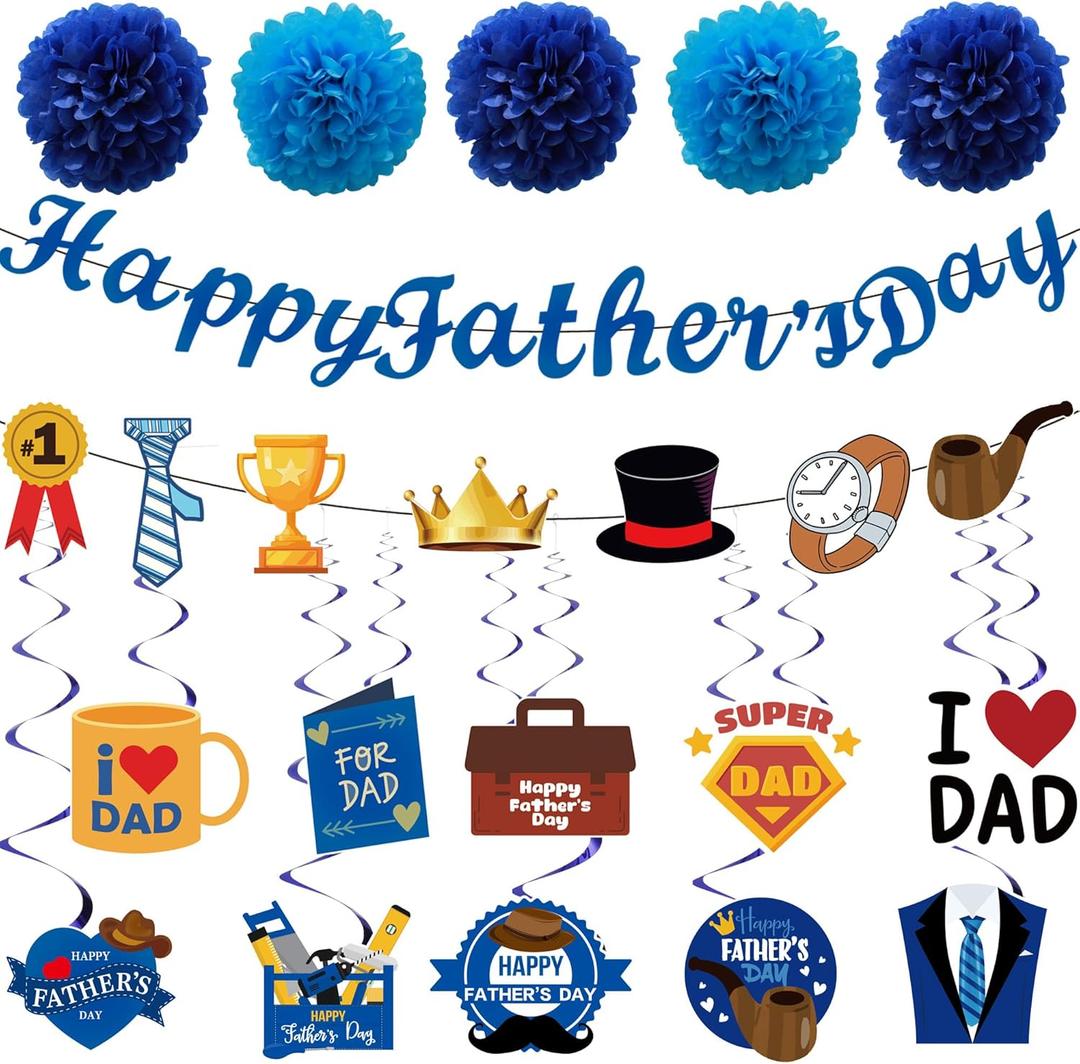 Fathers Day Party Decorations  27PCS Set with 10 Hanging Swirls & Cutouts, 2 Banners, 5 Blue Tissue Pom Poms  Happy Fathers Day Supplies for Dads Party