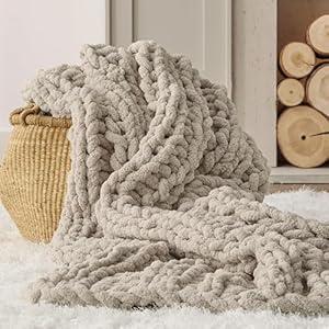 Bedsure Chunky Knit Throw Blanket for Couch - 100% Hand Knitted, 5.06 lbs GentleSoft Blanket with Giant Chenille Yarn for Bed Living Room Home Decor, Thick and Cozy, Linen Beige, 50x60 Inches
