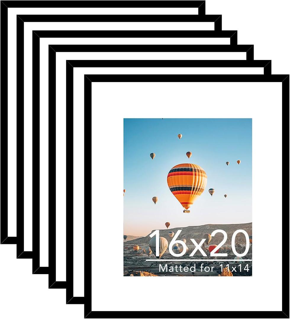 JCJMY 16x20 Picture Frame Set of 6 with 11x14 Mat, Black 16 x 20 Poster Frames with Shatter Resistant Plexiglass, Display 11 x 14 with Mat or 16 by 20 Without Mat, Sturdy Wall Hanging Frame, 6 Pack