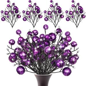 Geosar 24 Pieces Christmas Glitter Berries Stems 10 Inch Christmas Berry Picks Artificial Glittered Berries Ornaments Floral Stems for Xmas Tree,Home Wreath,Party Decoration(Purple)