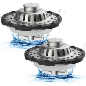 Metal 2 Pack Bathtub Drain Stopper with Top Hair Catcher, 3 in 1 Pop-up Bathtub Strainer, Tub Stopper with Detachable Stainless Steel Filter Basket for Standard 1.5 to 2.4'' Drain, Brushed Nickel