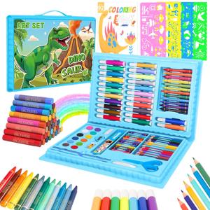 homicozy Art Supplies, Dinosaur Drawing & Coloring Set with Crayons, Colored Pencils, Markers, Sketchbook, Watercolor Cakes, Stencils, Arts and Crafts Painting Kit for Kids Ages 4-10, Girls Boys Gift