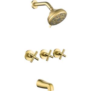 3 Handles Shower Faucet Set with Tub Spout Bathtub Shower Faucet Combo Set Shower System Complete Tub and Shower Trim Kit Brushed Gold