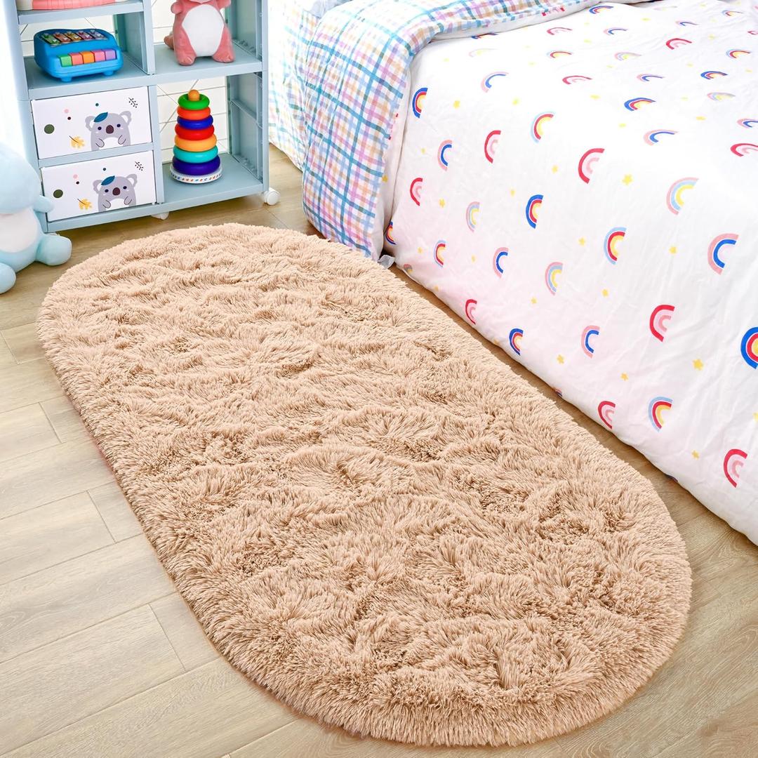 Noahas Fluffy Beige Rugs for Bedroom Living Room,2.6'X5.3' Oval Throw Rug for Kids Room,Shag Hallway Runner Rug,Small Soft Shaggy Bedside Non-Slip Plush Nursery Dorm Carpet Home Decor Aesthetic
