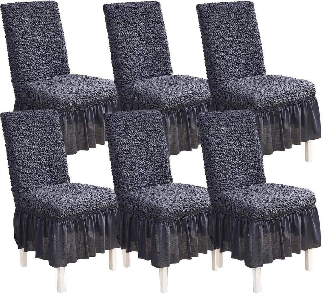 Qubjus Stretch Chair Covers with Skirt, Chair Cover for Dining Room 6 Pack Durable Wrinkle-Free Easy Fit Universal Chair Slipcovers, Dark Grey
