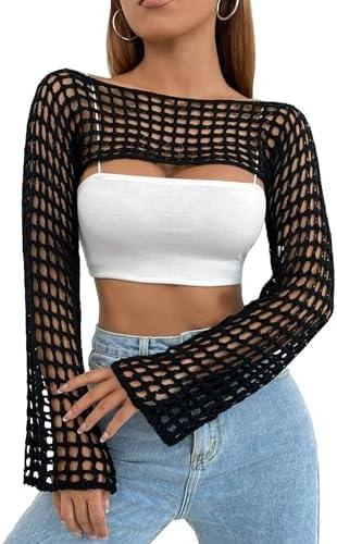 CAMNOW Womens Crochet Crop Tops Y2k Knit Shrug Sweater Hollow Out Long Sleeve Bikini See Through Cover Ups L