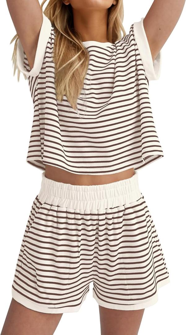 MISSACTIVER 2 Piece Lounge Set Women Stripe Knit Short Sleeve Tee Shirts Shorts Casual Summer Loungewear Shorts Sets (Medium, Brown)