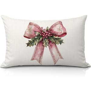 Coquette Pink Christmas 12x20 Pillow Cover, Preppy Christmas Decor, Girly Pink Xmas Berry Lumbar Pillow Covers Decorative for Girls Bedroom College Dorm Apartment Sofa Couch