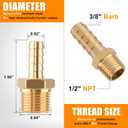5 Pcs Brass Hose Barb Fittings, 3/8" Barb to 1/2" NPT Air Hose Repair Kit, 3/8" to 1/2" NPT Male Thread Adapter, Barbed Air Hose Repair Connector Fitting with 5 Pcs Hose Clamp