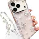 for iPhone 17 Pro Max Glitter Butterfly Case,Cute Girly 3D Pearl Crystal Diamond Bling Sparkle with Wrist Strap Chain Soft TPU Aesthetic Women Girl Phone Case for iPhone 17 Pro Max 6.9",White