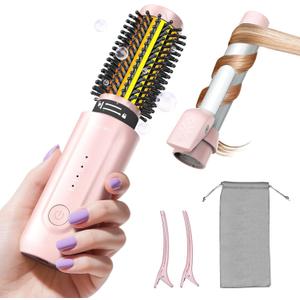 Cordless Curling Iron Brush, 2 in 1 Mini Travel Hot Straightener Comb with 200 Million Negative Ions, Dual Voltage & Lightweight for Travel, Anti-Tangle, 4 Temps, Gold (Pink)