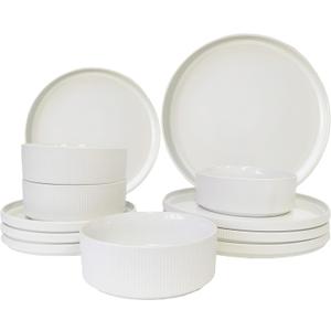 UDNORDGLOE Porcelain Dinnerware Sets for 4, 12 - Piece Ceramic Plates and Bowls Sets,Stoneware Clip and Scratch Resistant Dishware, Microwave and Dishwasher Safe, Matte White