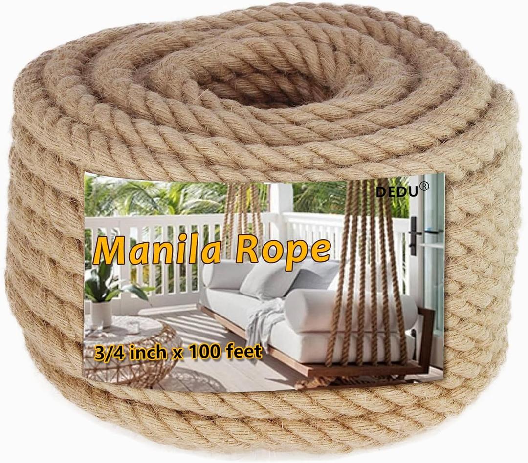 Manila Rope 3/4 Inch X 100 Ft, Natural Hemp Rope 4 Strand Twisted, Thick for Crafts Heavy Duty Multipurpose for Swing Bed, Camping, Tug of War, Docks, DIY Projects.