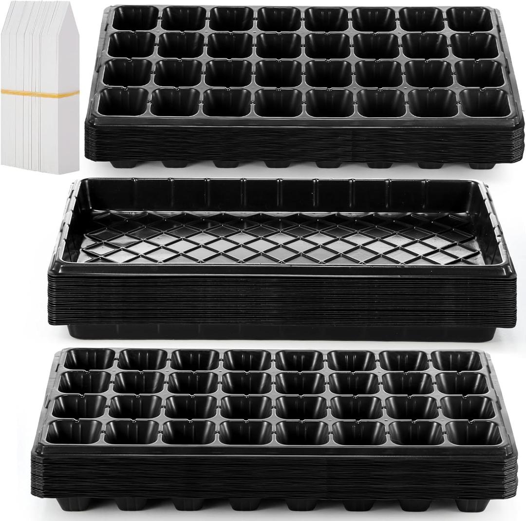 Yinder 20 Pcs Plant Seed Starting Trays, 1020 Trays No Holes and Cells Plug Trays with 100 Pcs Tags, Growing Trays for Nursery, Germination, Wheatgrass, Succulent, Microgreens and More (32 Cells)