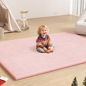 Baby Play Mat for Floor, 1.3'' Thick Memory Foam Tummy Time Mat - Super Soft Coral Velvet Nursery Rug with Non-Slip Backing, Crawling Rug for Toddler/Infants, Yoga & Tatami Use, Light Pink, 71''x 79''