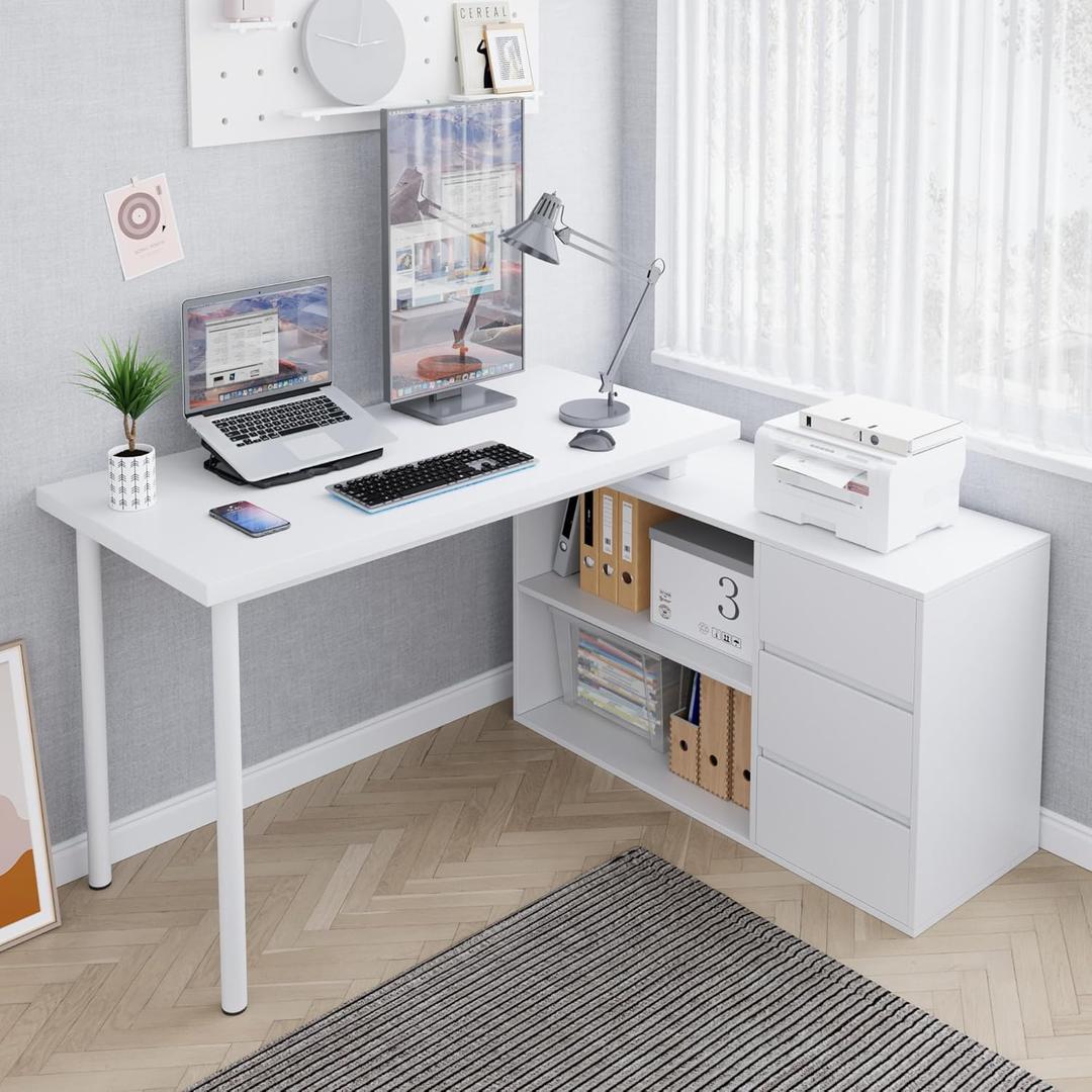Home Office Computer Desk Corner Desk with 3 Drawers and 2 Shelves, 53-inch L-Shaped Study Desk with Storage, White