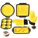 8 Piece Nonstick Baking Pans, Silicone Bakeware Set with Press to Release Design, Oven Mitts, Spatula & Brush Flexible, Stackable, BPA Free, Dishwasher & Oven Safe, Yellow